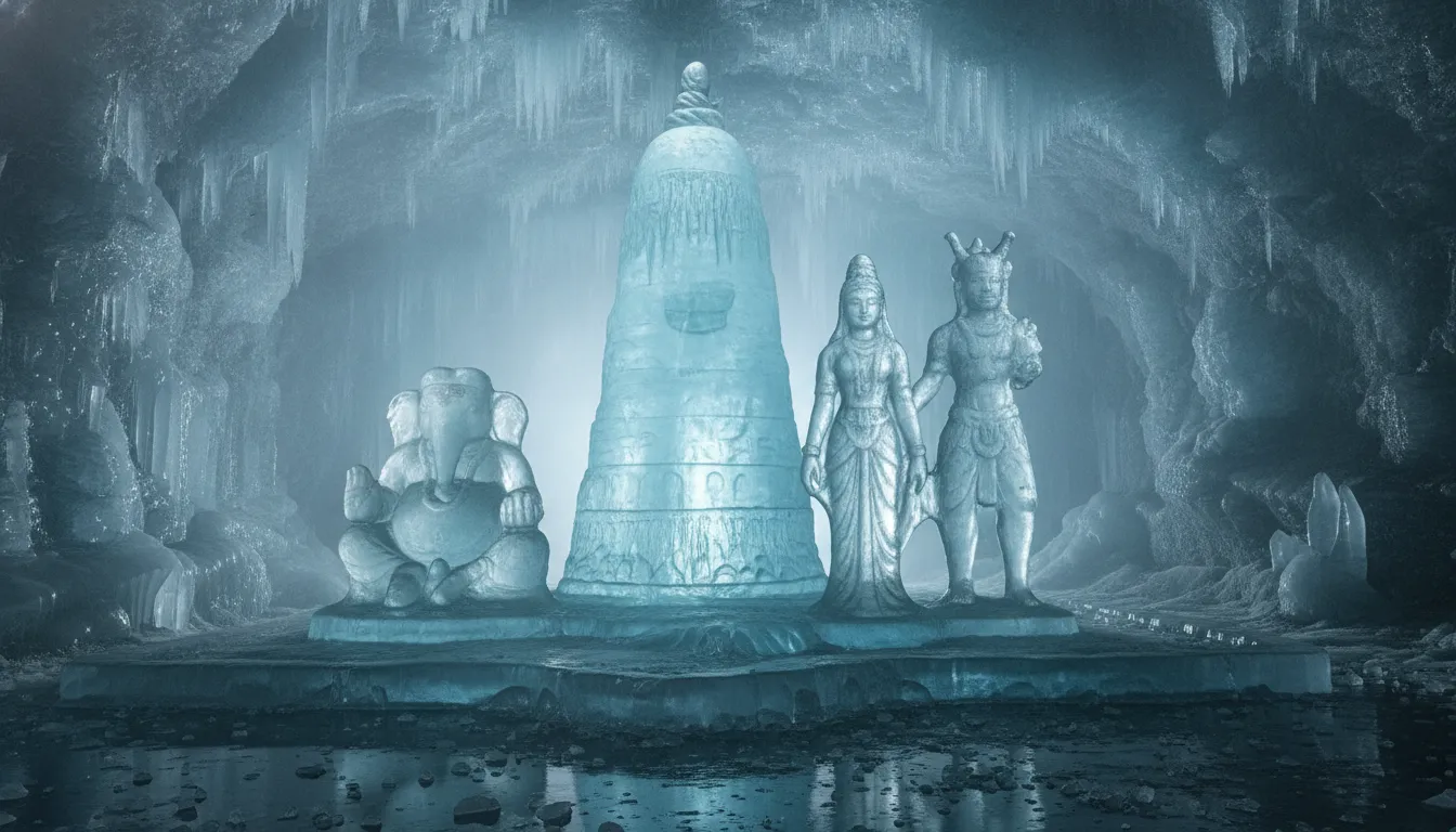 Three distinct natural ice stalagmites representing Lord Shiva, Goddess Parvati, and Lord Ganesha inside a cave.