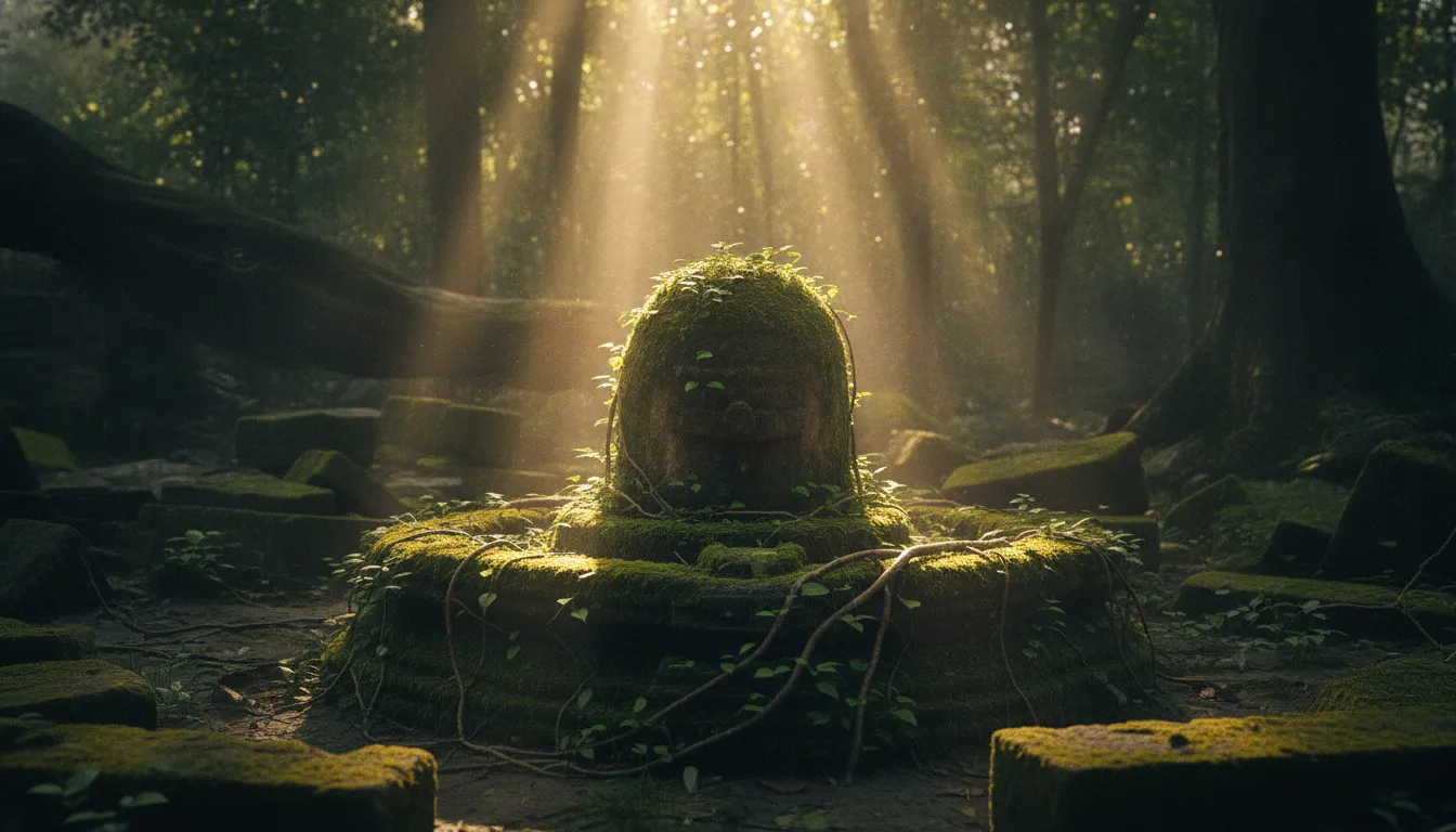 An ancient hand-carved stone Shivling hidden deep within a green tropical forest under sunbeams.