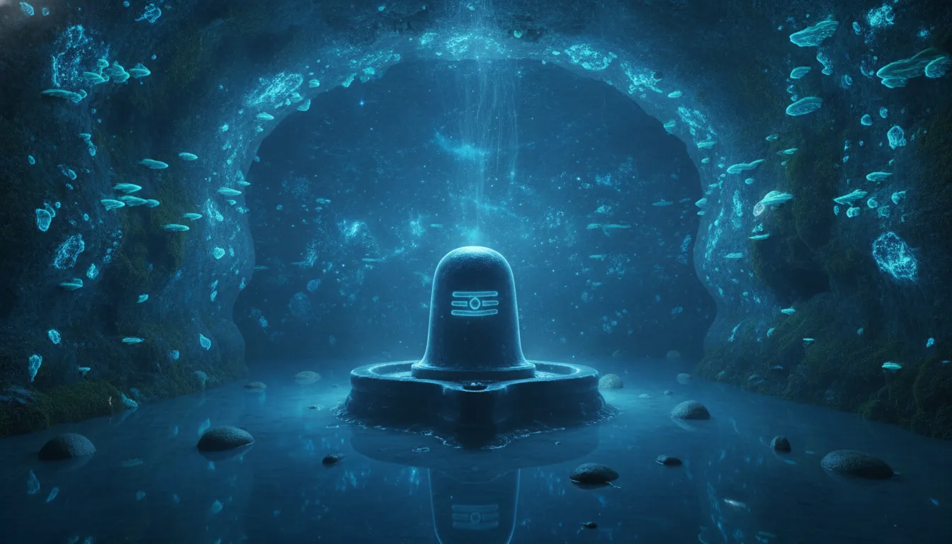 A Shiva Lingam illuminated by a magical blue bioluminescent glow within a dark cave.