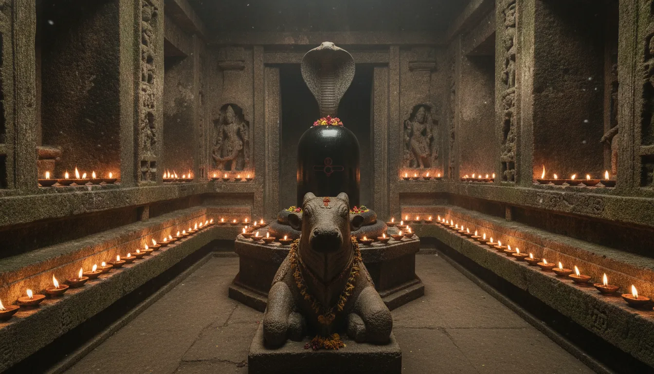Full HD image of a mystical cave temple with a glowing Shivling and a stone Nandi statue illuminated by oil lamps.
