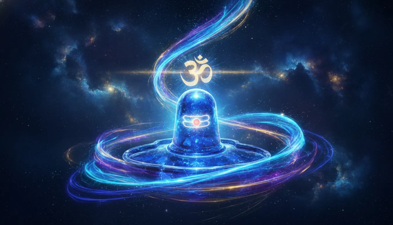 Conceptual abstract rendering of a glowing Shivling with blue aura and cosmic energy ripples