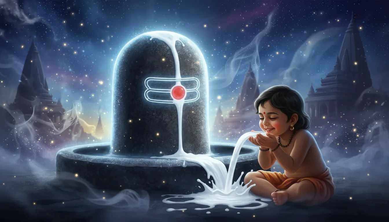 A glowing digital art piece depicting a glowing white stream of milk flowing from a dark Shivling toward an innocent child.