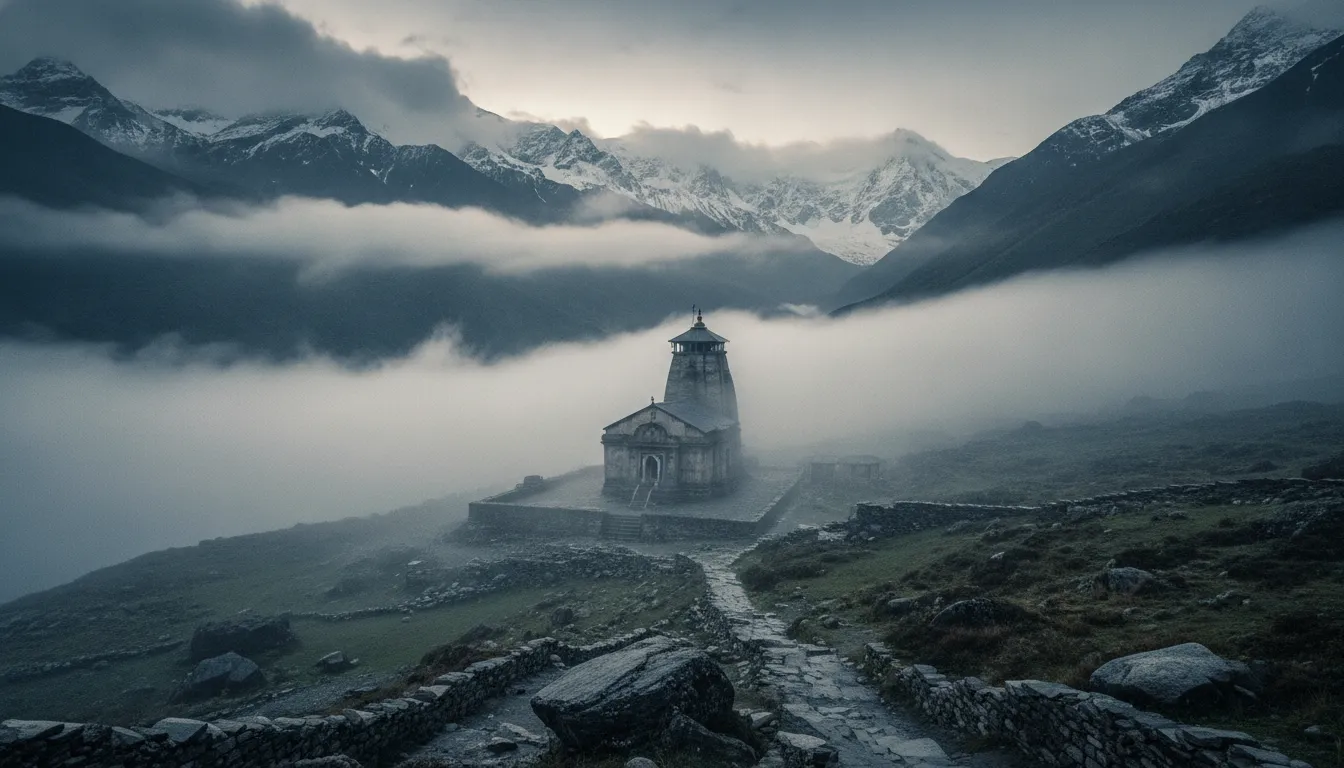 The ancient Kedarnath temple partially veiled in ethereal white morning mist and low clouds
