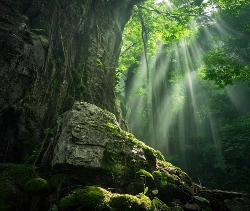 Ancient stone shivling image in hd under a banyan tree in forest