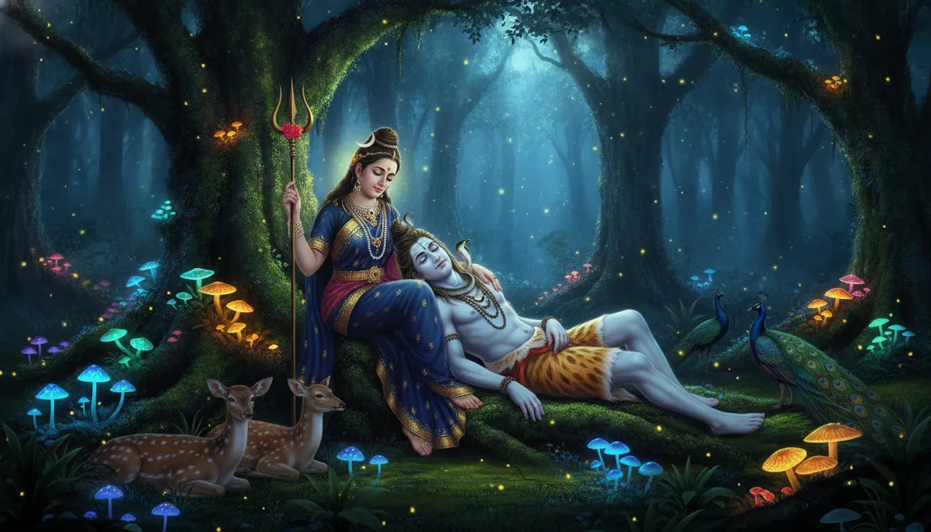 Parvati holding resting Shiva in a glowing mystical forest at twilight