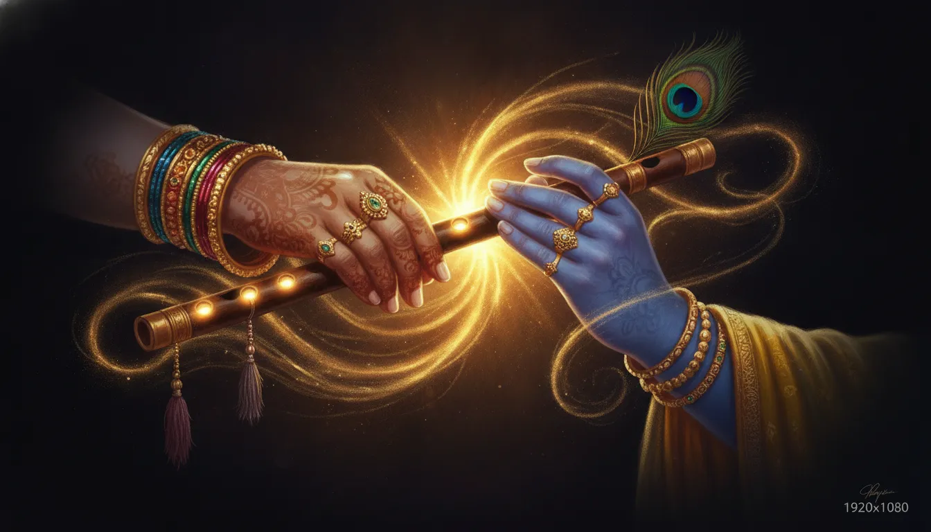 Close up artwork of hands playing a glowing flute with traditional jewelry and divine light.