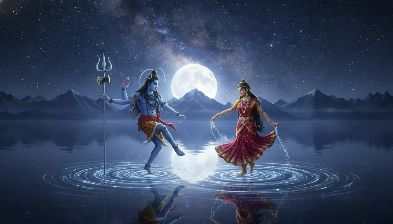 Serene artwork of Shiva and Parvati dancing on the calm waters of Lake Mansarovar under a full moon.