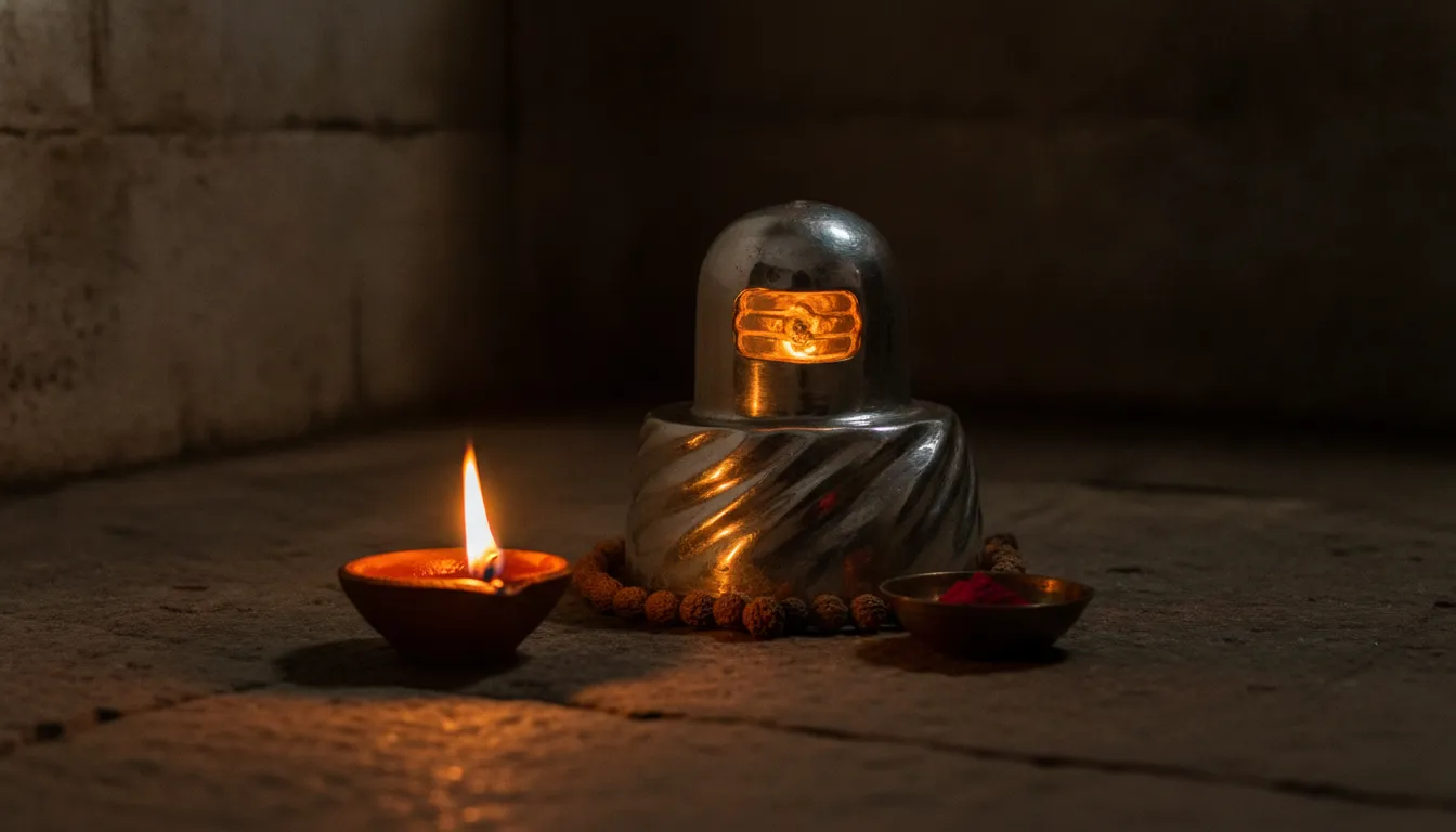 Parad shivling reflecting a warm orange flame from a nearby single earthen clay diya in a dark mystical room