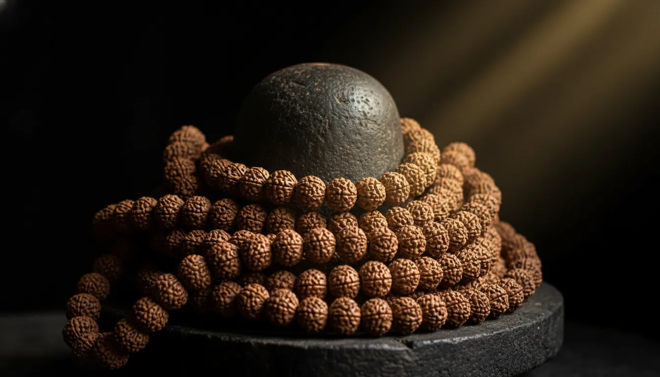 A Bhole Nath Shivling completely covered and wrapped in multiple strands of Rudraksha beads.