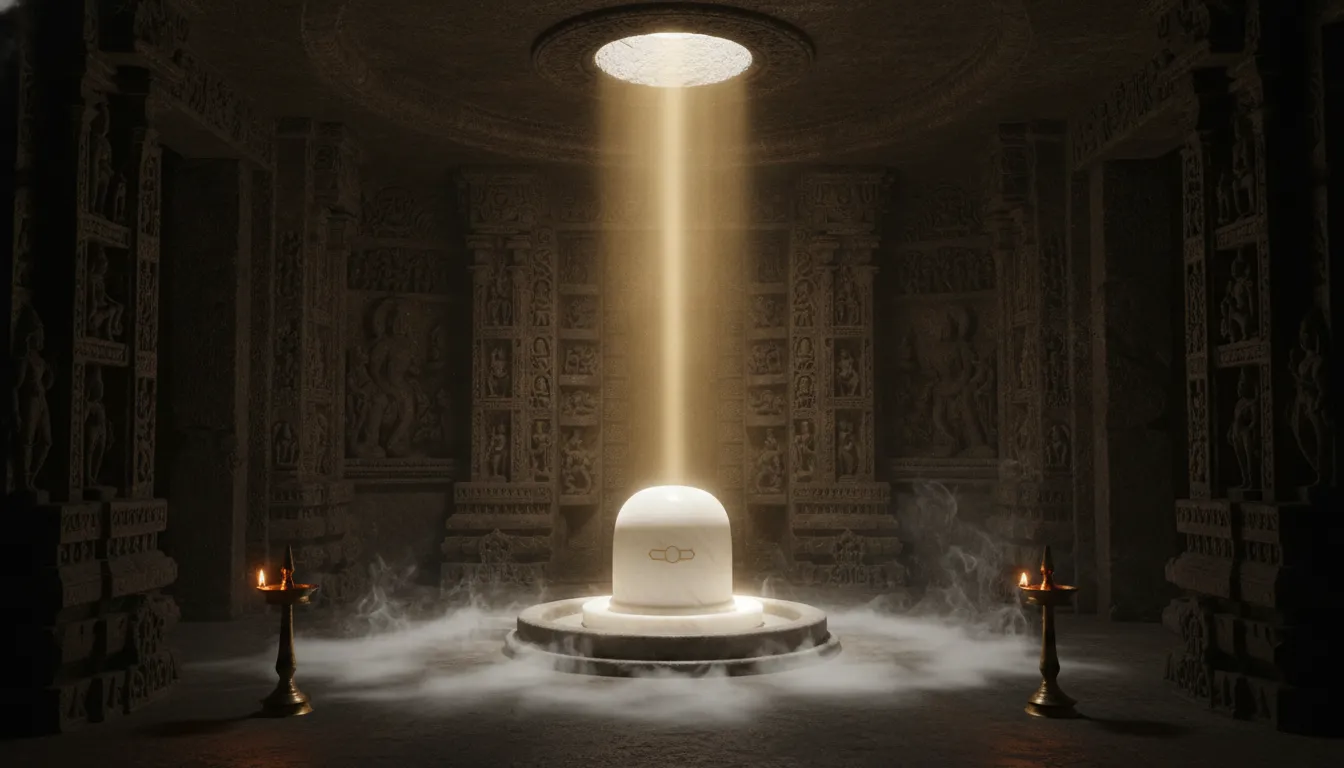 Bahubali 2 white colour shivling image inside a dark mystical temple sanctum with light beams focusing on the white stone deity.