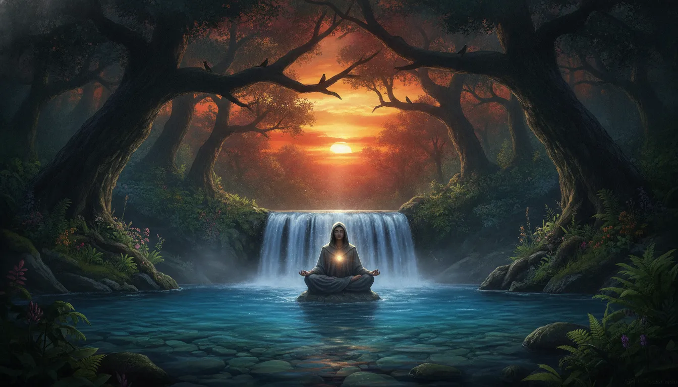 A mystic forest waterfall with a divine figure meditating under a colorful sunset sky.