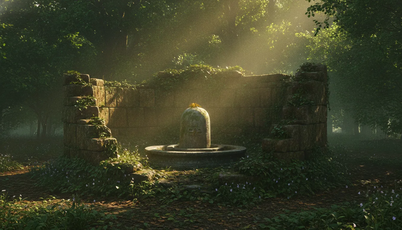 Mystical old stone shivling images for whatsapp dp located inside a deep green historic forest shrine.