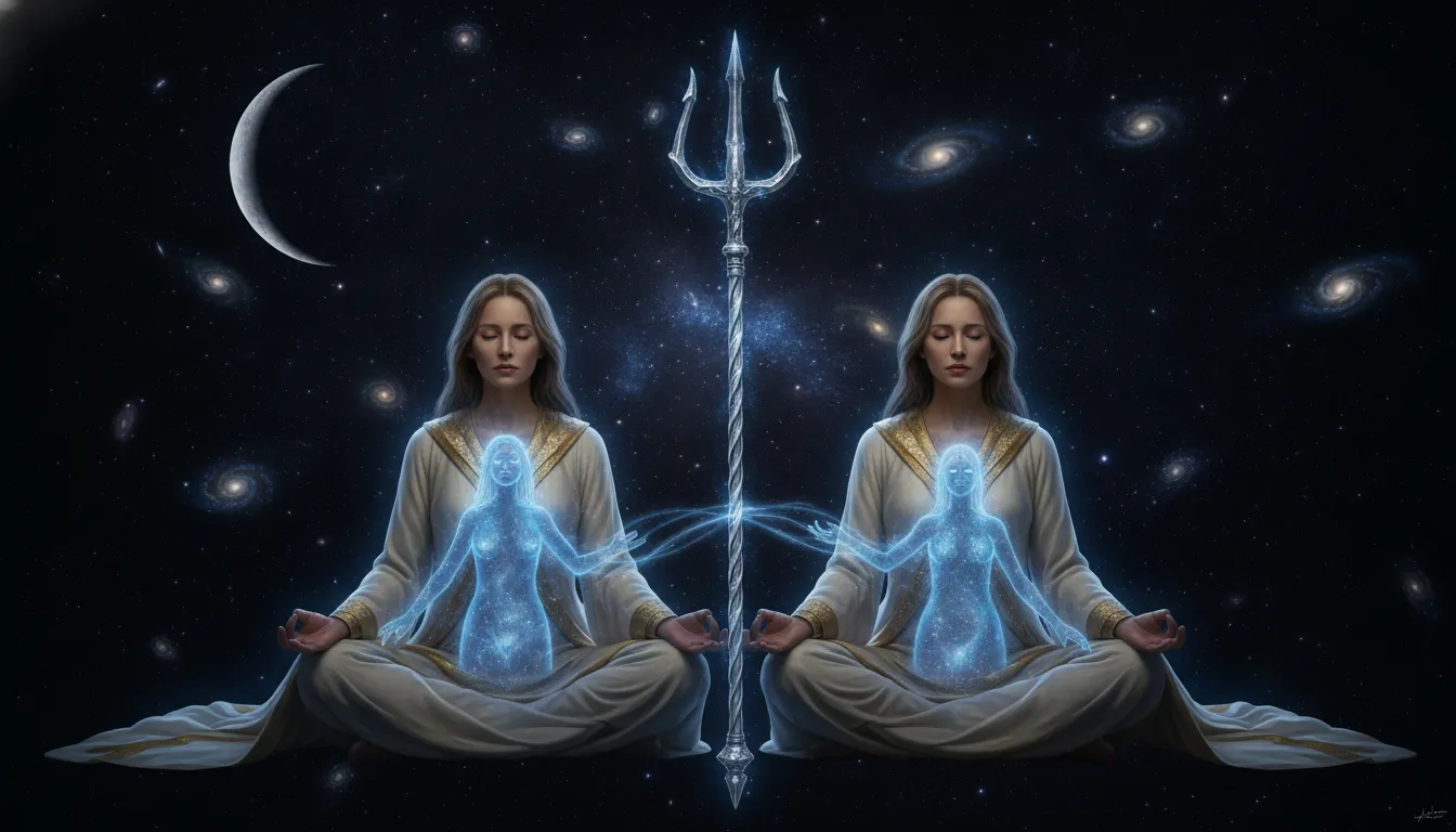 A blue divine spirit and a meditating woman experiencing astral projection against a dark cosmic sky.