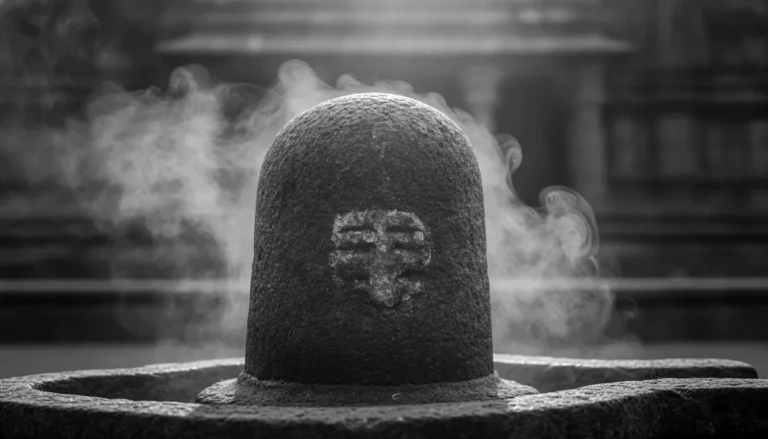 A serene shivling image black and white with a smoky meditative background.