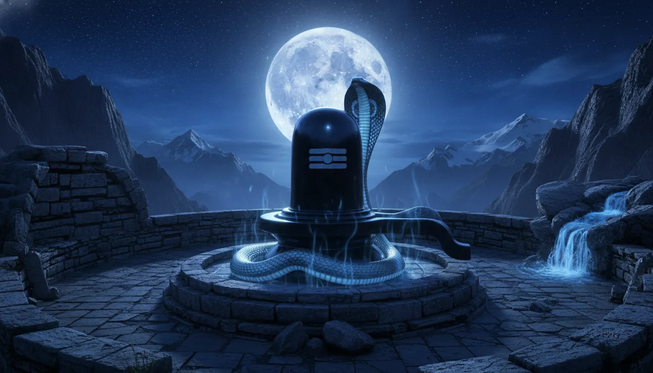 A spiritual night scene showing a Shiva Lingam under bright blue moonlight with a glowing serpent coiled around it.