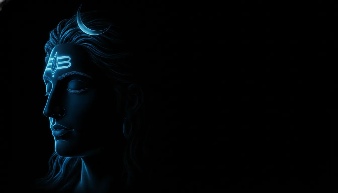Mystical digital artwork of Lord Shiva face illuminated with soft blue neon light on a dark backdrop.