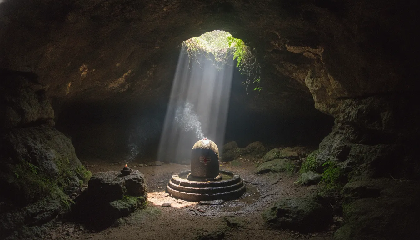A historic stone Shivling inside a dark natural rock cave illuminated by a single beam of sunlight.