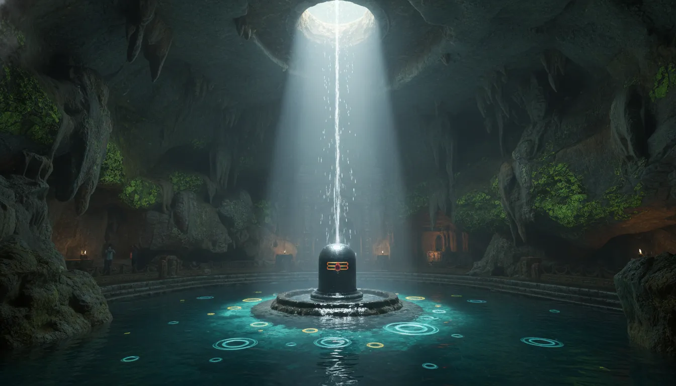 Sacred Lord Shivling inside a hidden mountain cave waterfall with clear water pools.