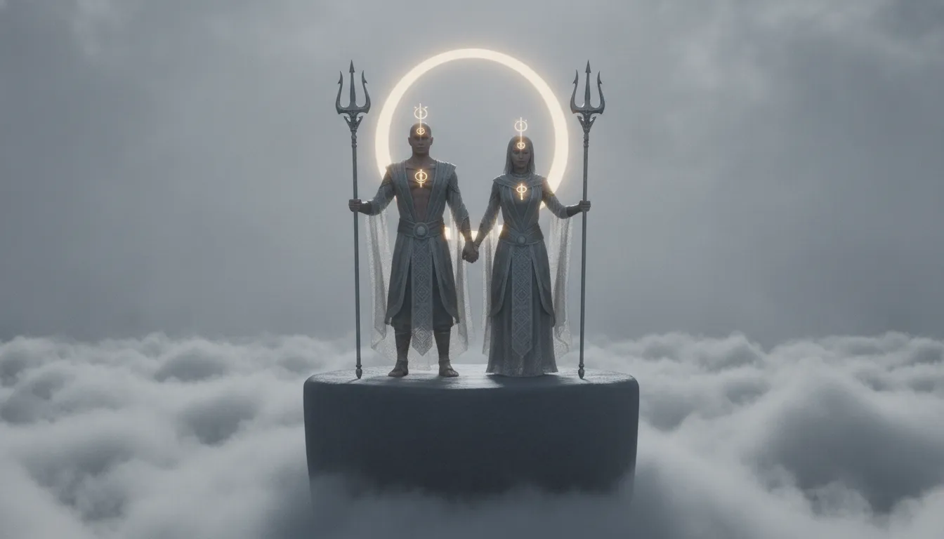Two divine silhouettes with tridents standing side by side beneath a glowing circular eclipse in fog.