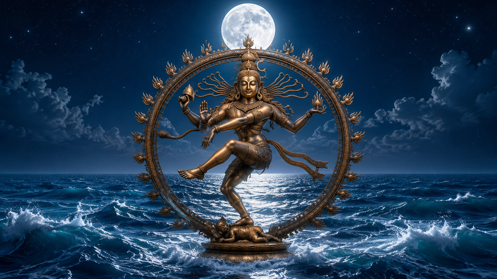 Lord Shiva Nataraja dancing on the surface of a mystical cosmic ocean under a full moon.