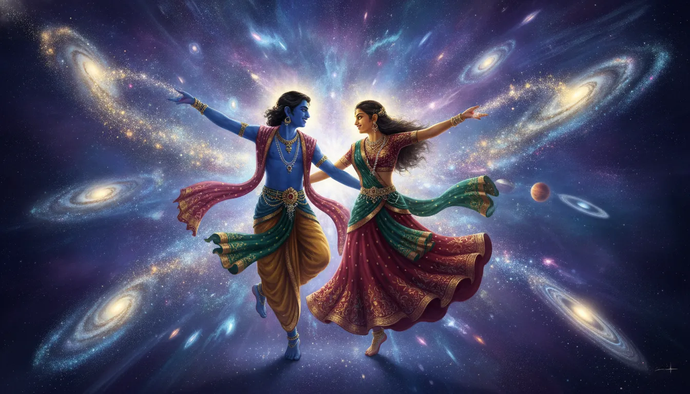 Dynamic spiritual artwork of a divine couple performing a sacred dance surrounded by spinning cosmic dust and stars
