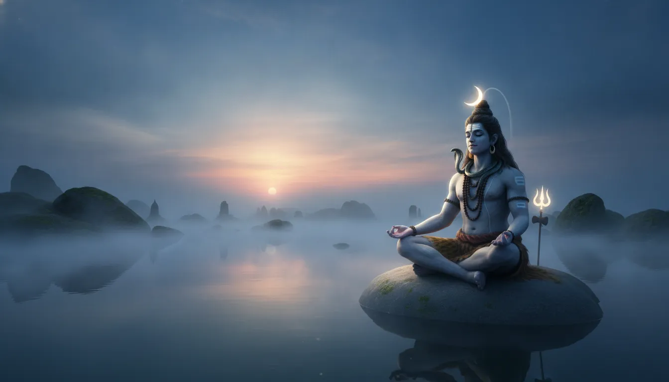 Spiritual painting of Lord Shiva meditating by a misty lake at dawn with a crescent moon.