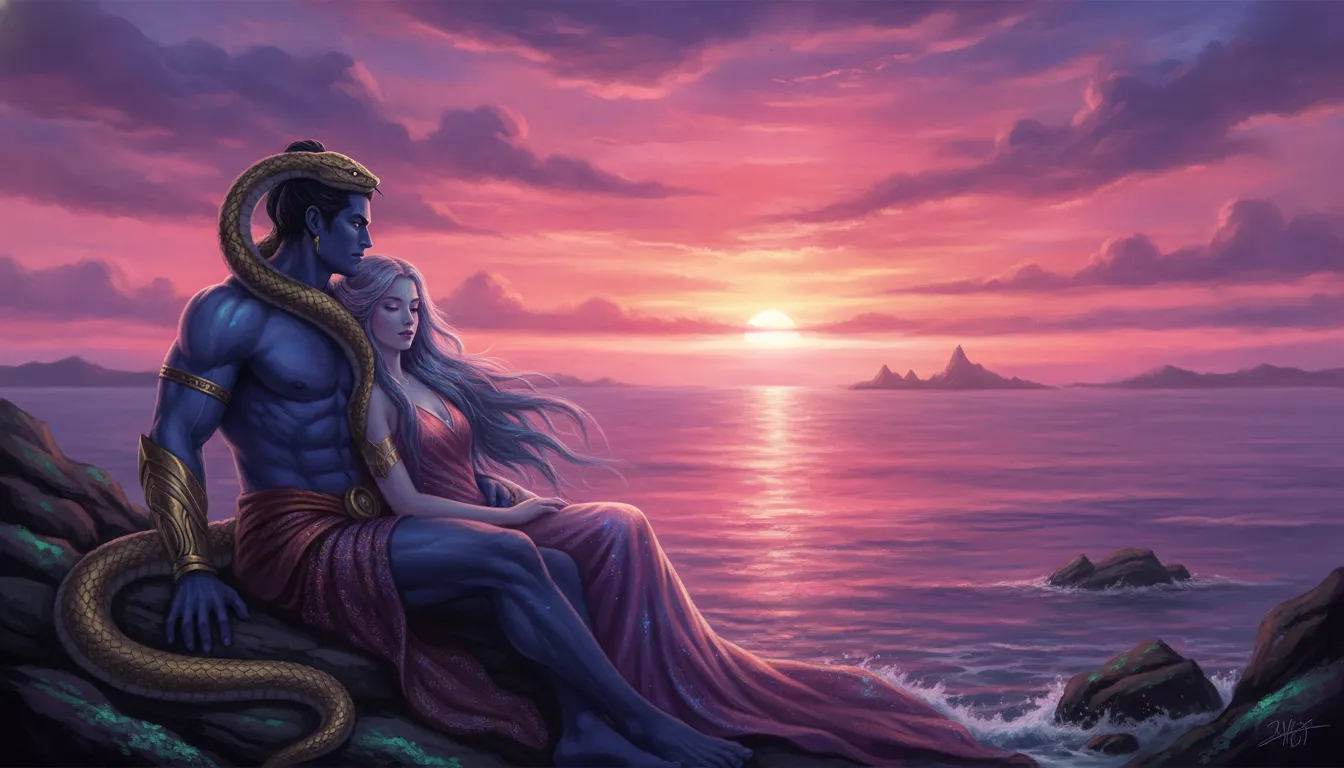 Mythological divine couple sitting on a beach with a serpent symbol nearby during a vibrant pink sunset