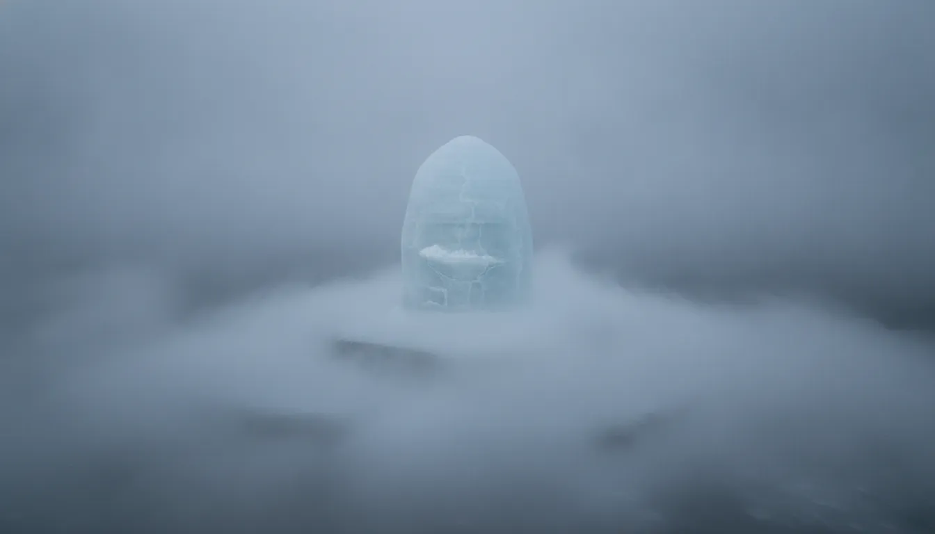 Famous white shivling of ice images with natural mist and fog creating a divine atmosphere.
