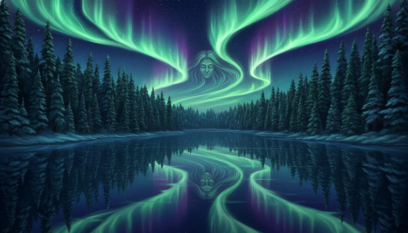 A dense pine forest illuminated by a bright divine cosmic aurora in the night sky
