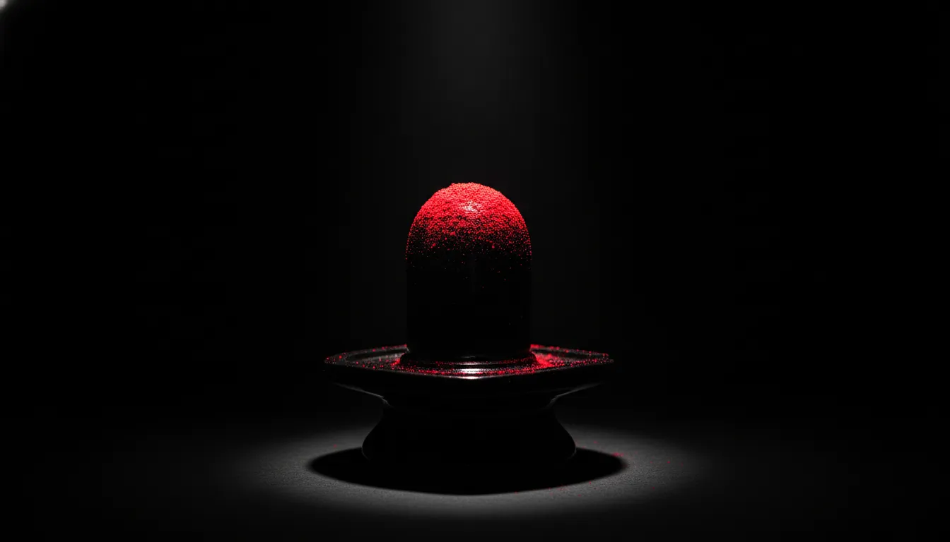 A minimalist and mystical dark background image of Lord Shivling highlighted by red gulaal.