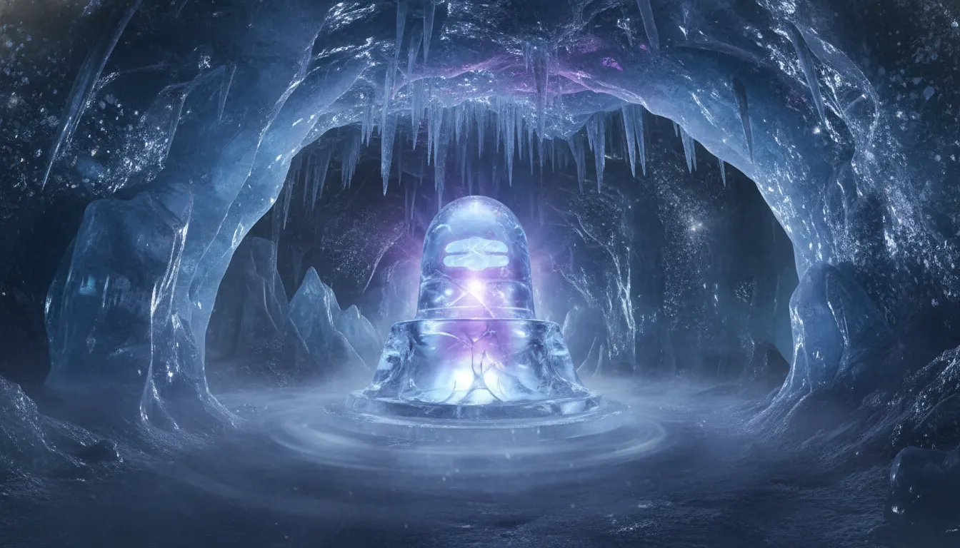 A glowing ice Shivling resembling the Amarnath cave formation, surrounded by blue light.