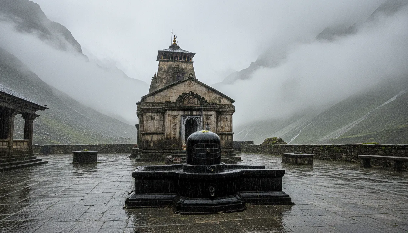 Kedarnath shivling hd images with mystical monsoon fog and low-flying clouds around the temple.