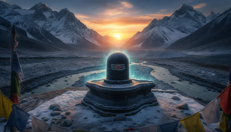 Lord Shivling image in HD surrounded by snow-covered Himalayan peaks with a divine glowing aura