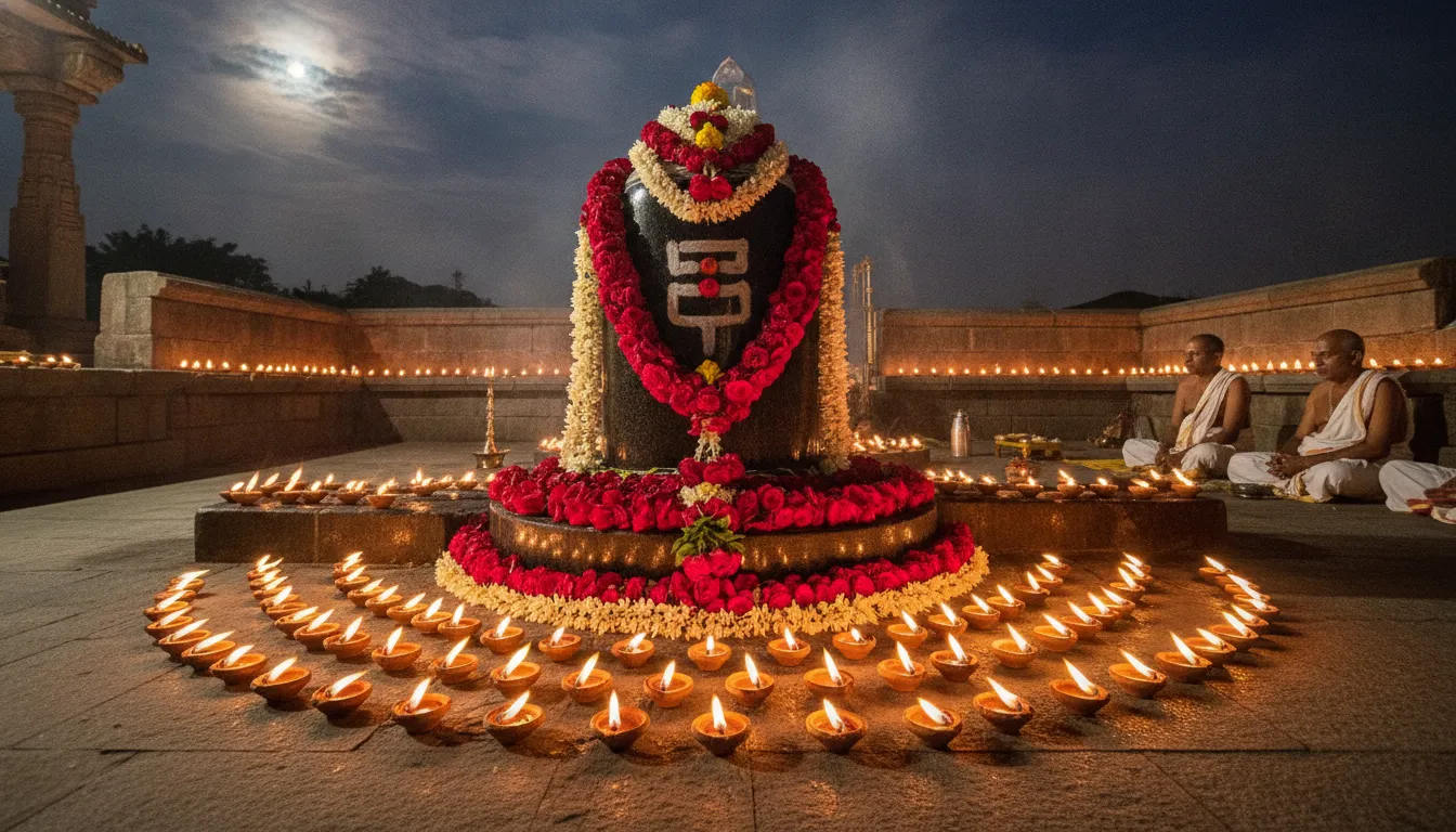 Nageshwar Shivling decorated for night prayers with glowing oil lamps.