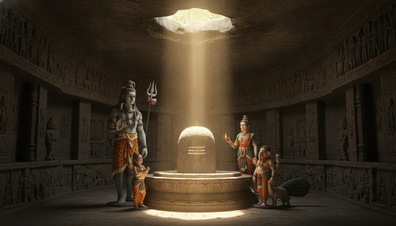 Mystical ancient stone cave temple showing Shiv Parivar images with shivling illuminated by natural sunlight