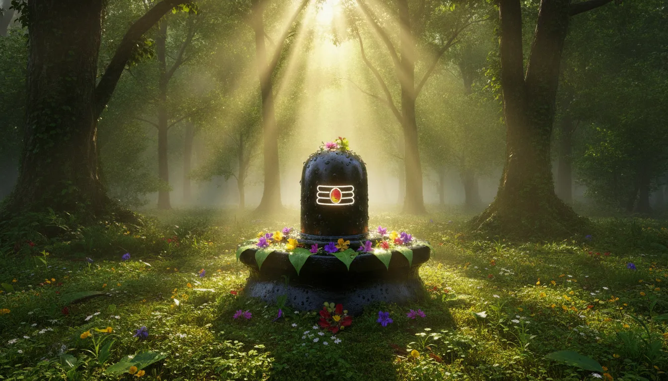 Har Har Mahadev photo of a sacred Shiva Lingam inside a dense green forest with sun rays