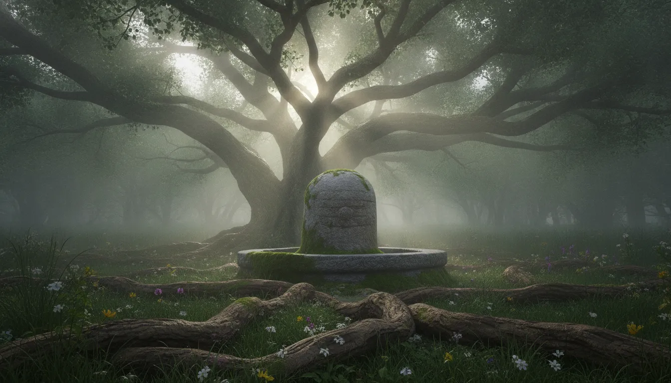 Full hd images of shivling situated in a deep green mystical forest surrounded by early morning fog and tall trees.