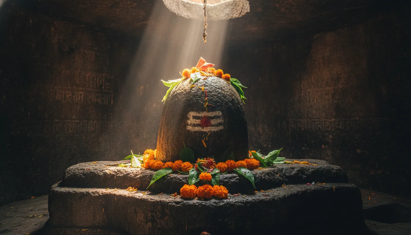 Ancient shiv temple shivling images showing a sacred stone Shivling inside a dimly lit Himalayan cave temple.