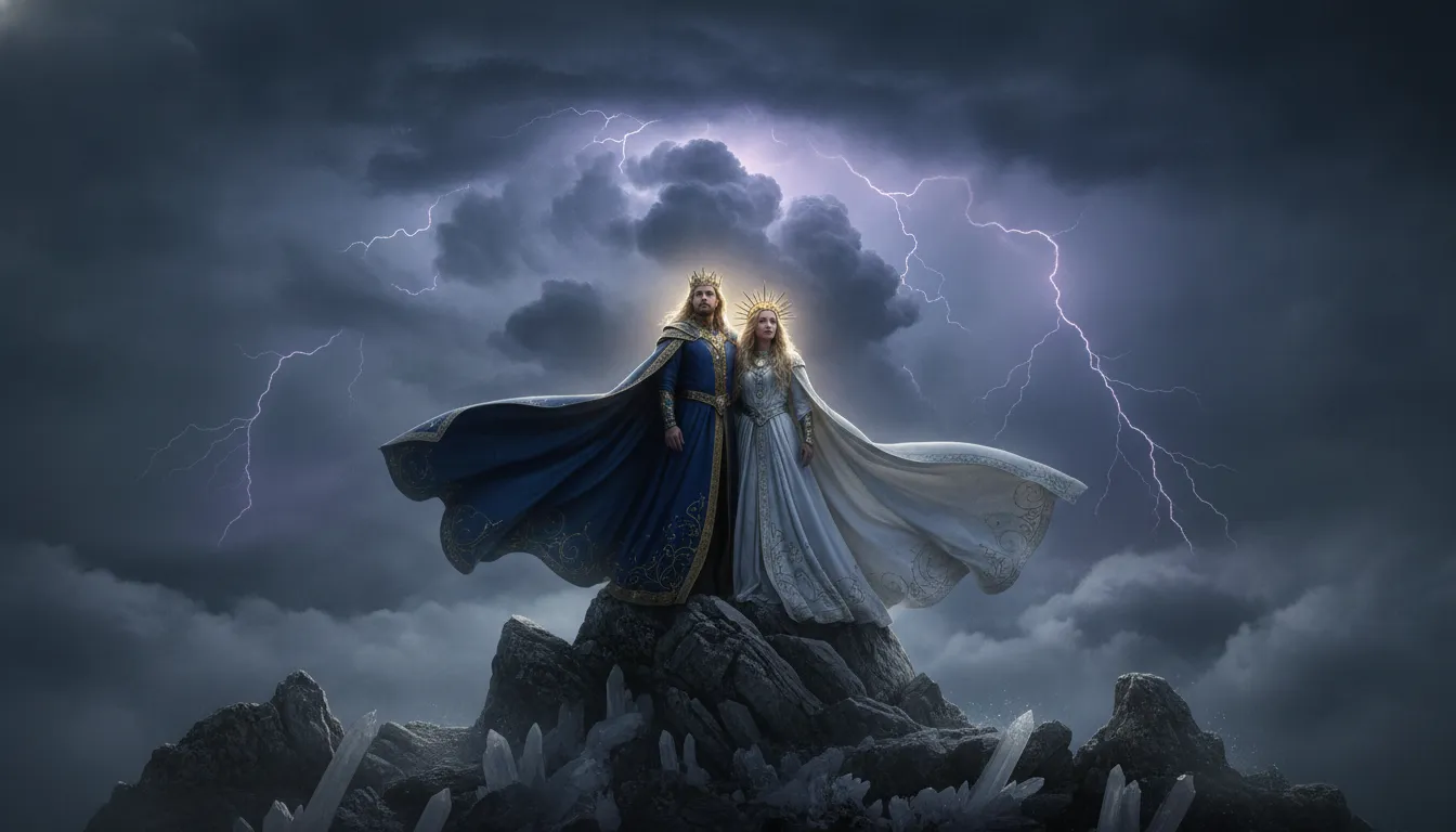 Powerful royal divine couple standing calm on a high cliff during a dramatic mountain lightning storm