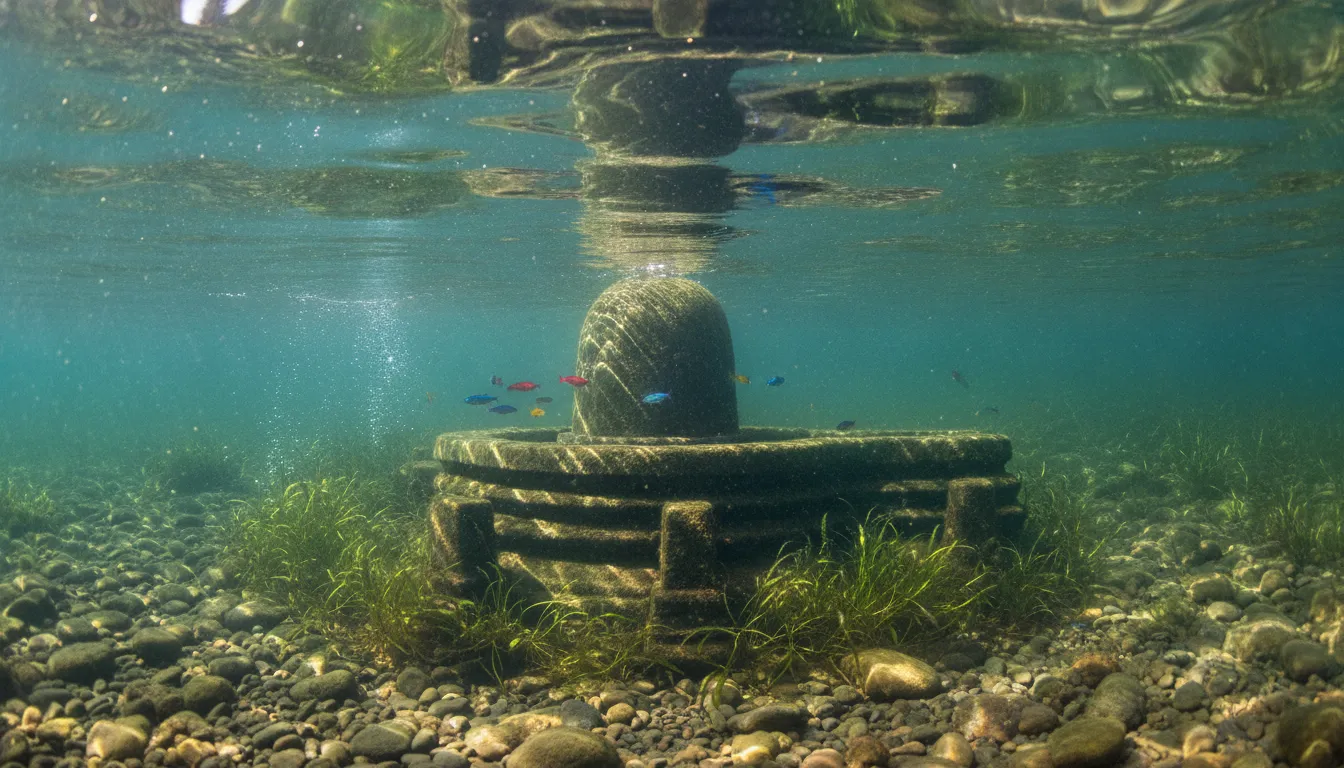 A historic stone Shivling standing calmly underwater with clear currents and small fish swimming nearby.