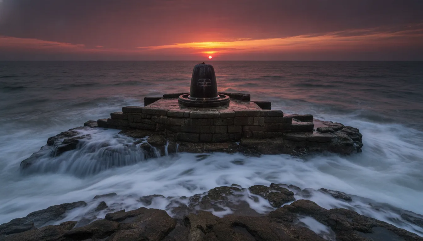 Ancient shiv temple shivling images featuring an ancient stone Shivling on a rocky sea coast during a vibrant sunset.