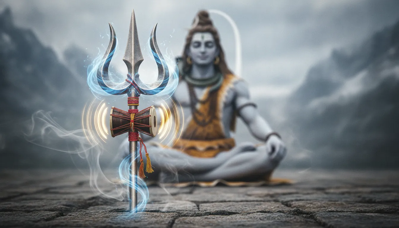 Close-up of Lord Shiva's Trishul surrounded by blue spiritual energy and smoke waves