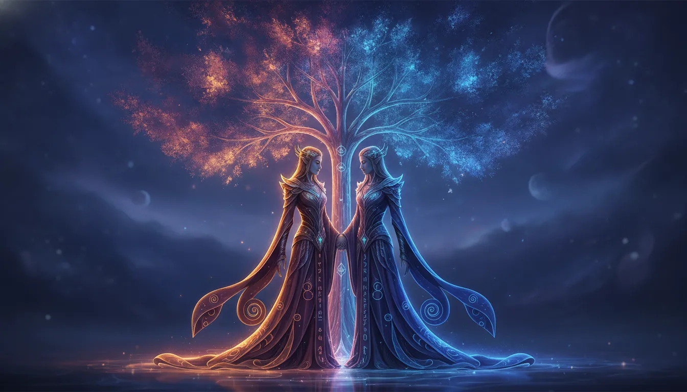 Divine figures in a twilight setting illuminated by deep blue and amber neon highlights.