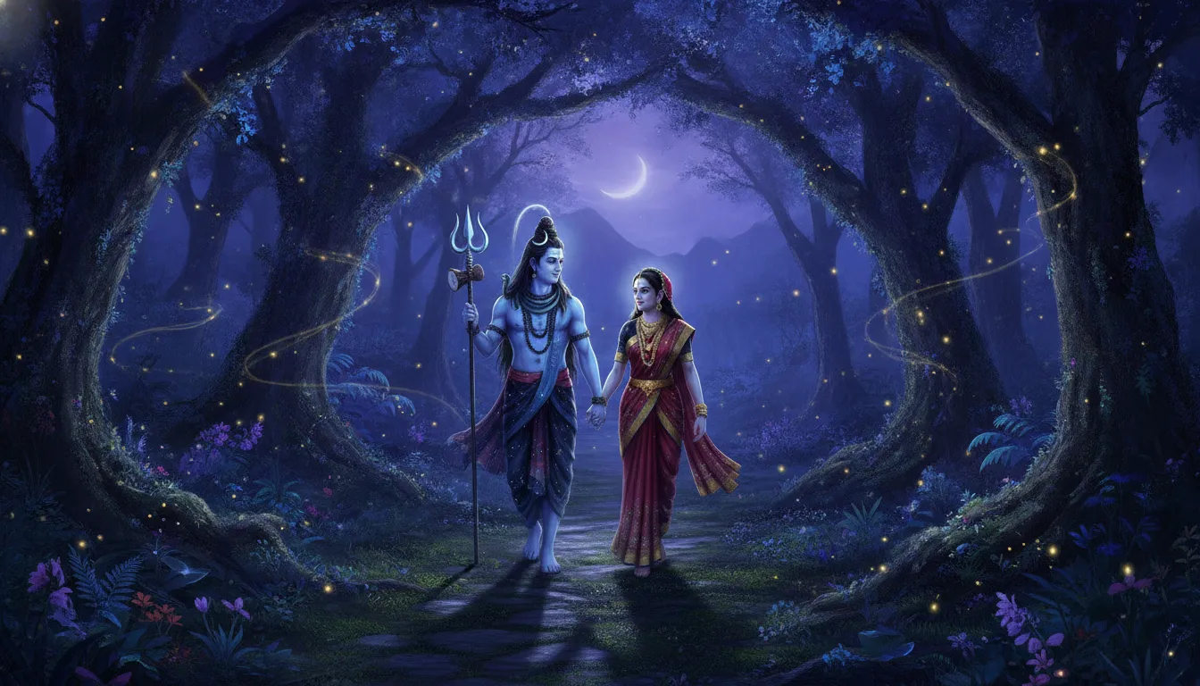 Shiva and Parvati walking in a glowing mystical forest under twilight sky