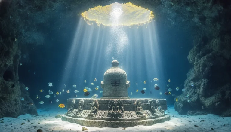 An ancient stone Lord Shivling completely underwater inside a glowing blue mystical cave.