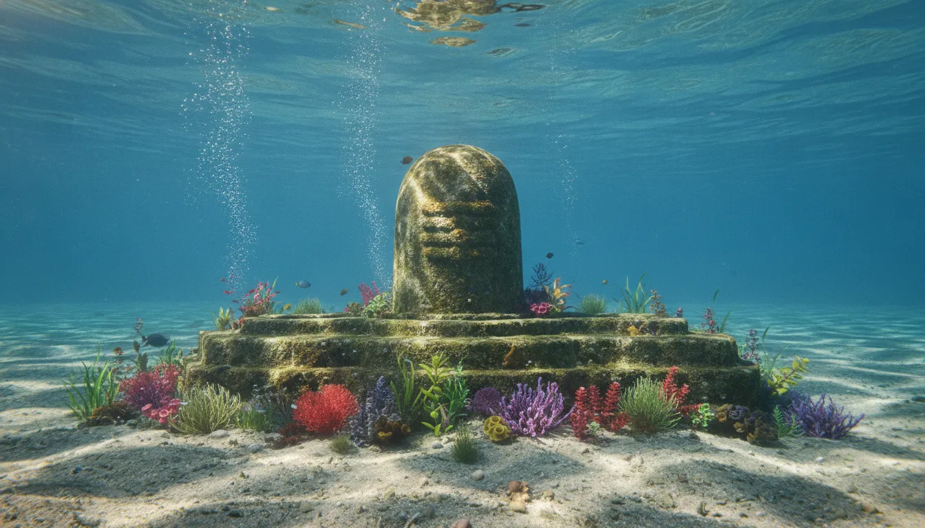 High definition animated image of a stone Shivling submerged underwater.