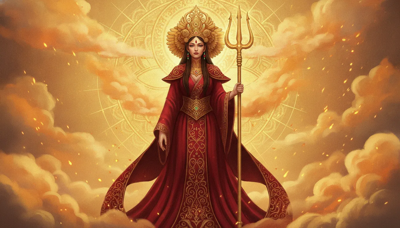Fine art digital illustration of a mythic female deity with a golden crown and a sacred trident.
