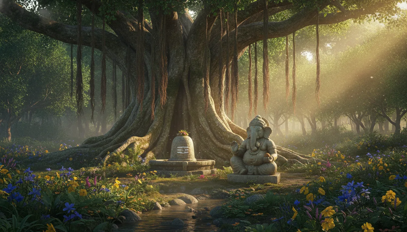 Lord Ganesha sitting next to an ancient stone Shivling under a large banyan tree in a lush, green enchanted forest