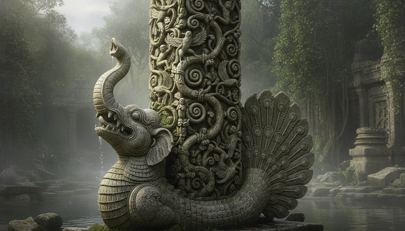 A vertical temple pillar featuring a Makara creature at the bottom spewing thick, looping vegetation and foliage up the shaft.
