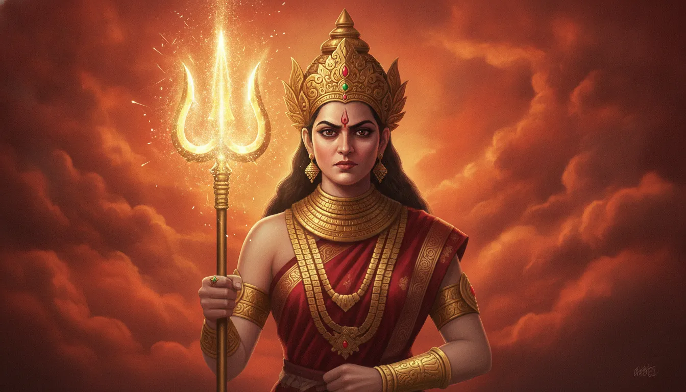 Digital concept art of a mythological fierce goddess with a fiery aura holding a trident.